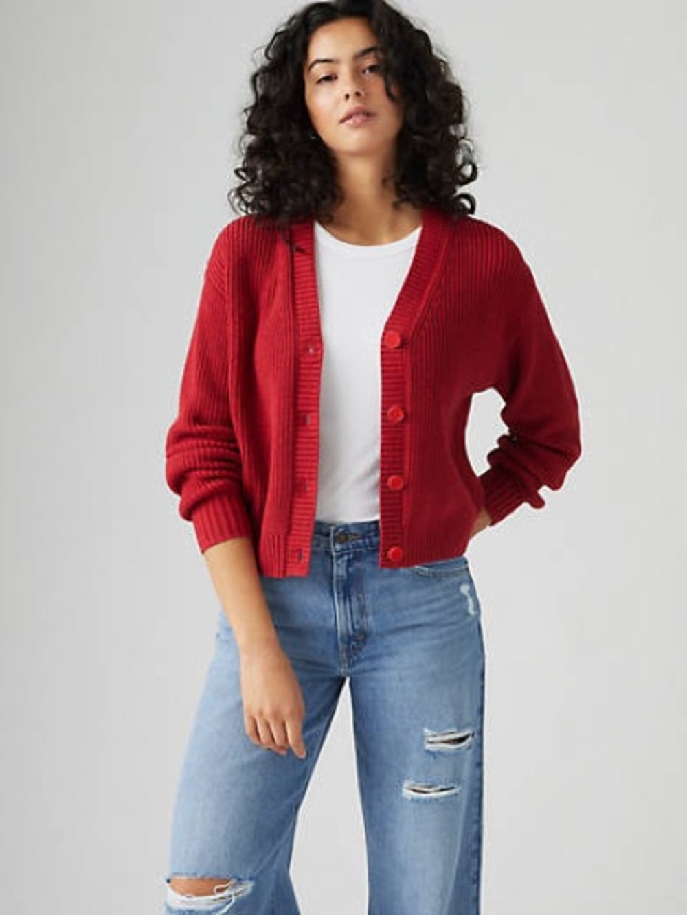 Levi's Red Button-Front V-Neck Women's Cardigan sweater medium M - Picture 4 of 7